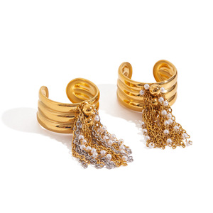 Bague ouverte élégante en acier inoxydable doré avec chaîne de perles et pompon, bijou de mode féminin, accessoire de fête - Product Image 5