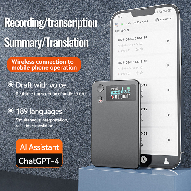 A3 AI Voice Recorder App-Controlled Transcribe & Summarize with ChatGPT Wav Audio Format for Lectures & Meetings