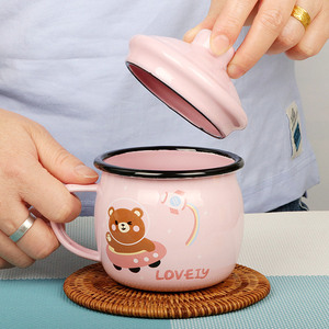 Lindas tazas de esmalte de cerámica de 350ml con tapas de vientre grande para tazas de leche para bebés, tazas de leche para niños - Product Image 4