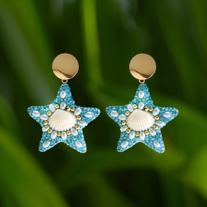 Boucles d'oreilles pendantes tendance en forme d'étoile, perles bleues, coquillage, plaqué or, acier inoxydable, bijoux durables et résistants - Product Image 3