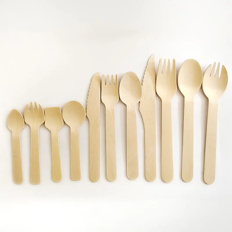 Paket kustom Biodegradable ramah lingkungan Vintage garpu sendok sekali pakai pisau kayu Birch alami Set alat makan untuk makanan