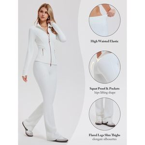Ensemble de survêtement 2 pièces FOXA pour femme : veste zippée intégrale et pantalon patte d'éléphant ajusté en polyester uni – Tenue de fitness - Product Image 6