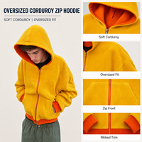 Sweat à capuche zippé oversize en velours côtelé doux, jaune-orange, avec bordure côtelée, fermeture éclair métallique, poche kangourou, style streetwear pour homme