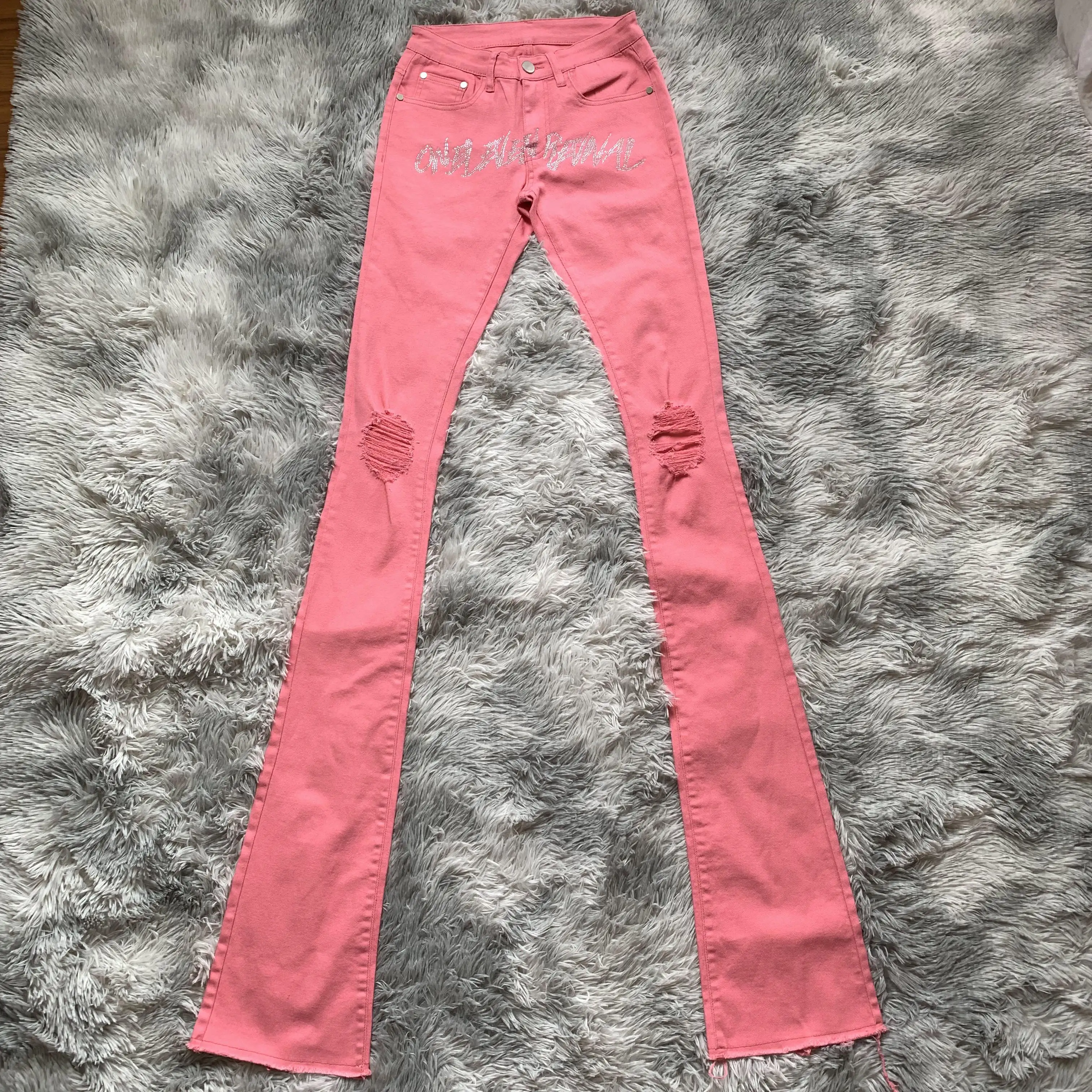 DENIMGUYS real Austrian MC rhinestone fly part pink tapered custom stacked men's jeans