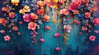 Papier peint mural auto-adhésif aux motifs floraux colorés et vibrants, fond turquoise, fleurs suspendues, décoration pour salon et chambre à coucher