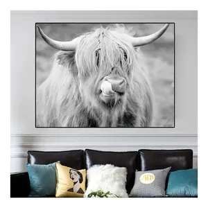 북유럽 스타일 하이랜드 소 블랙 화이트 동물 캔버스 회화 포스터 및 인쇄 벽 예술 사진 홈 장식 동물 Cuadros