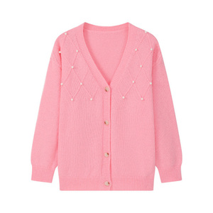 Cárdigans de punto para mujer de longitud regular con cuello en V, decoración con cuentas, tela transpirable, estilo casual, mangas largas - Product Image 1