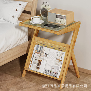 Bamboo Coffee <b>Table</b> With Storage Natural <b>Brown</b> Tempered Glass Top Bedroom Living Room Outdoor Use - Product Image 2