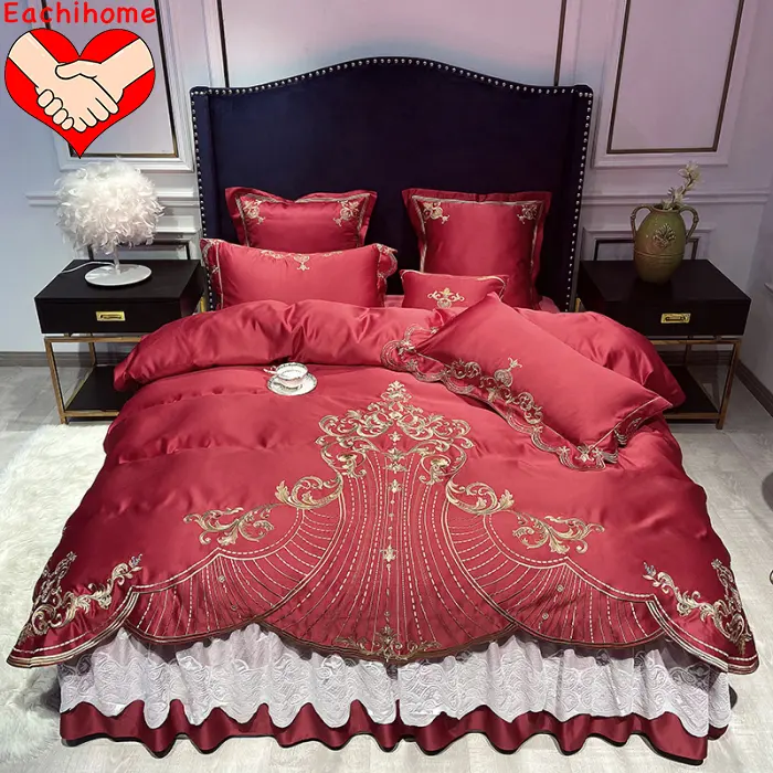 New European style Soft Satin Silk embroidered king queen size 4pcs bedding set