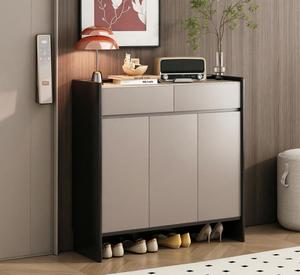 Meuble à chaussures moderne et mince, écologique et durable, avec rangement inférieur ouvert, organisateur <span class=keywords><strong>d</strong></span>'entrée à 3 portes, finition beige et noir, gain de place, pour salle de sport - Product Image 1