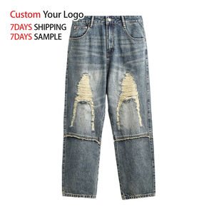 Pantalones Vaqueros de Mezclilla Anchos de Corte Recto Estilo Vintage Personalizados, Pantalones Holgados de Alta Calidad para Hombre, Diseño Desgastado y Roto - Product Image 5