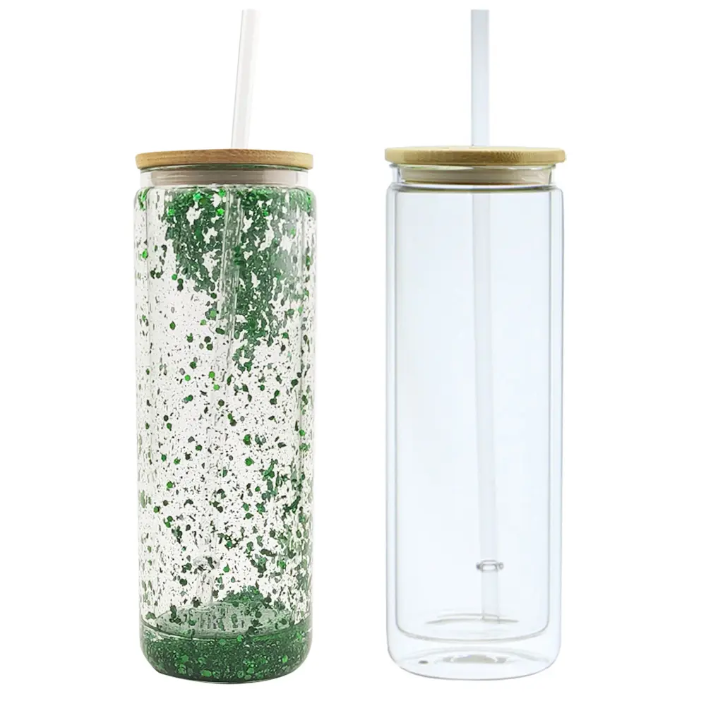 High Borosilicate Sublimation Drink Ware Pre Drilled Double Wall Tumbler Glass Snow Globe Can With Bamboo Lid