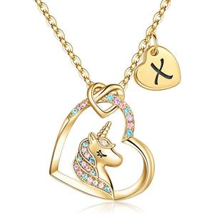 Collier pendentif en forme de cœur avec 26 lettres en zircon coloré et chaîne à maillons plaquée or, bijoux licorne pour enfants - Product Image 5
