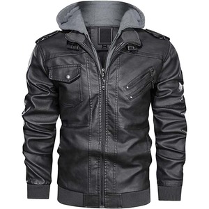 Vintage Men's Customize Faux Leather <b>Jacket</b> Winter Motorcycle Biker Cafe <b>Racer</b> <b>Jacket</b> with Fleece Removable Hood OEM Wholesaler - Product Image 1