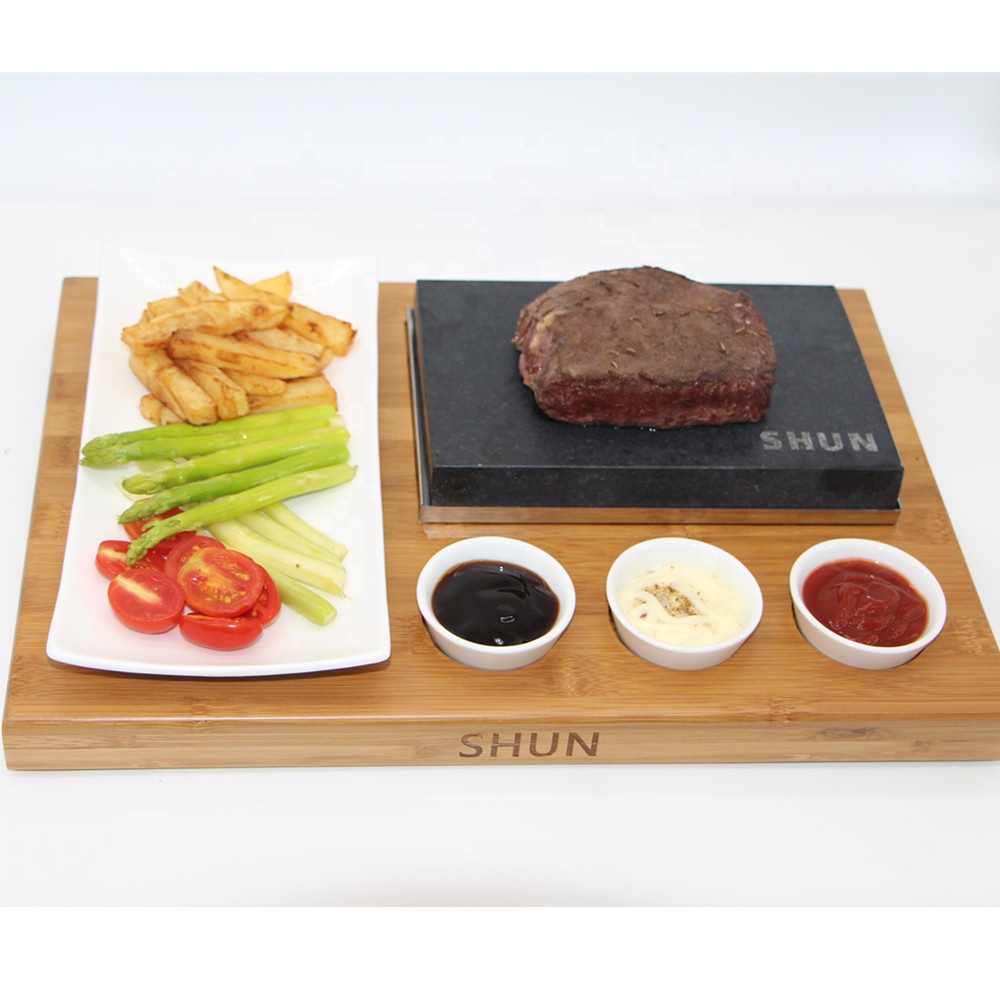 Batu Memasak Set Lengkap, Lava Panas Steak Piring Batu Panggang dan Dingin Lava Rock Dalam Ruangan Batu Panggang BBQ dengan Nampan Bambu