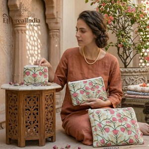 Quilted Floral Laptop Sleeve & Pouch Set with Zipper Closure Vintage Lady Style Two Handles Eco-Friendly Wholesale Export India - Product Image 1