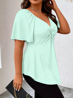 Kemeja Lengan Pendek Wanita Ukuran Besar Musim Semi Musim Panas Musim Gugur Polos 3D Kasual V-neck Berikat