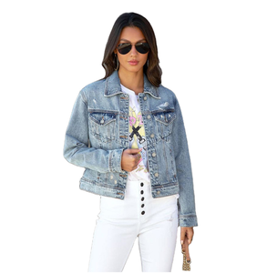 Women's European American Long Sleeve <b>Denim</b> <b>Coat</b> Casual Washed Lapel Design Solid Pattern Regular Fit Quick Dry Polyester/Cotton - Product Image 1