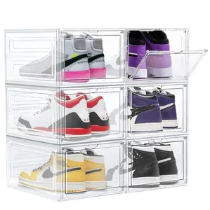 Kotak sepatu hitam plastik outlet, kotak penyimpanan Sneaker akrilik kotak sepatu kustom dapat ditumpuk dan rak