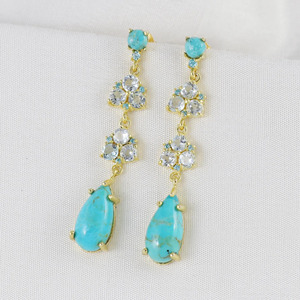 Unique Design Gold Plated Brass Blue Topaz and Turquoise Long Party Wear Earrings for Women - Product Image 3