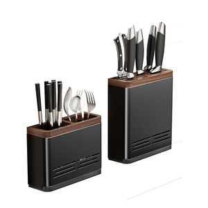 Wall <b>Mounted</b> Knife Rack Aluminum With Walnut Top Punch Free Multi Functional Kitchen Storage For Knives Spoons Forks - Product Image 5