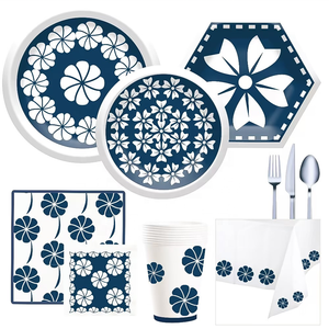 DAMAI Wholesale <b>Disposable</b> <b>Tableware</b> Set for Party Decor Round Hexagonal Paper Plate Set with Navy Blue Paper Cup - Product Image 3