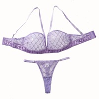 Ensemble de lingerie sexy pour femme en satin violet lavande, dentelle et tissu gaufré, soutien-gorge et culotte non-tissée, nouvelle arrivée, révélateur