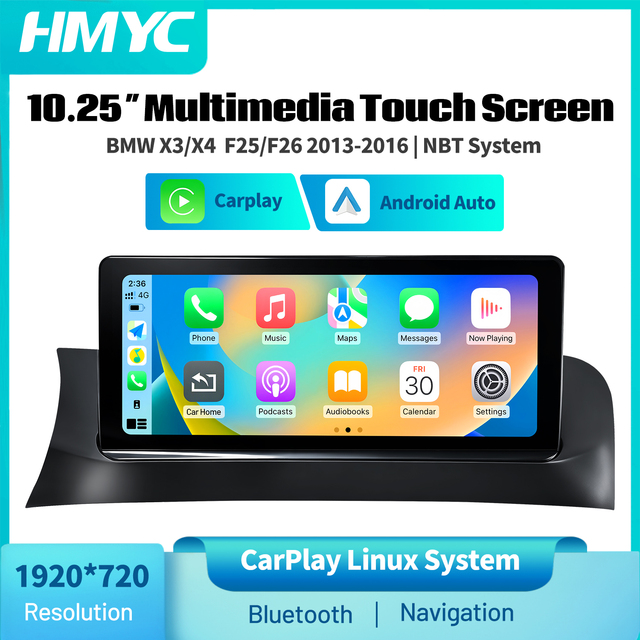 10.25" High Definition Touch Screen Wireless CarPlay & Android Auto Multimedia Display for BMW X3 X4 F25 F26 2013-2016 NBT