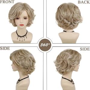 Perruque <span class=keywords><strong>courte</strong></span> gris argenté pour femmes Perruques de cheveux synthétiques <span class=keywords><strong>avec</strong></span> franges <span class=keywords><strong>Coiffure</strong></span> bouclée naturelle - Product Image 2