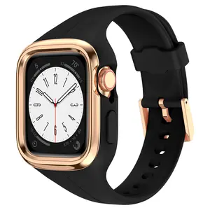 Casing Logam dengan Pita Silikon untuk Jam Tangan Apple 41Mm 40Mm, Tali Jam Tangan Wanita untuk IWatch Series 7 8 6 5 4, Tali Wanita
