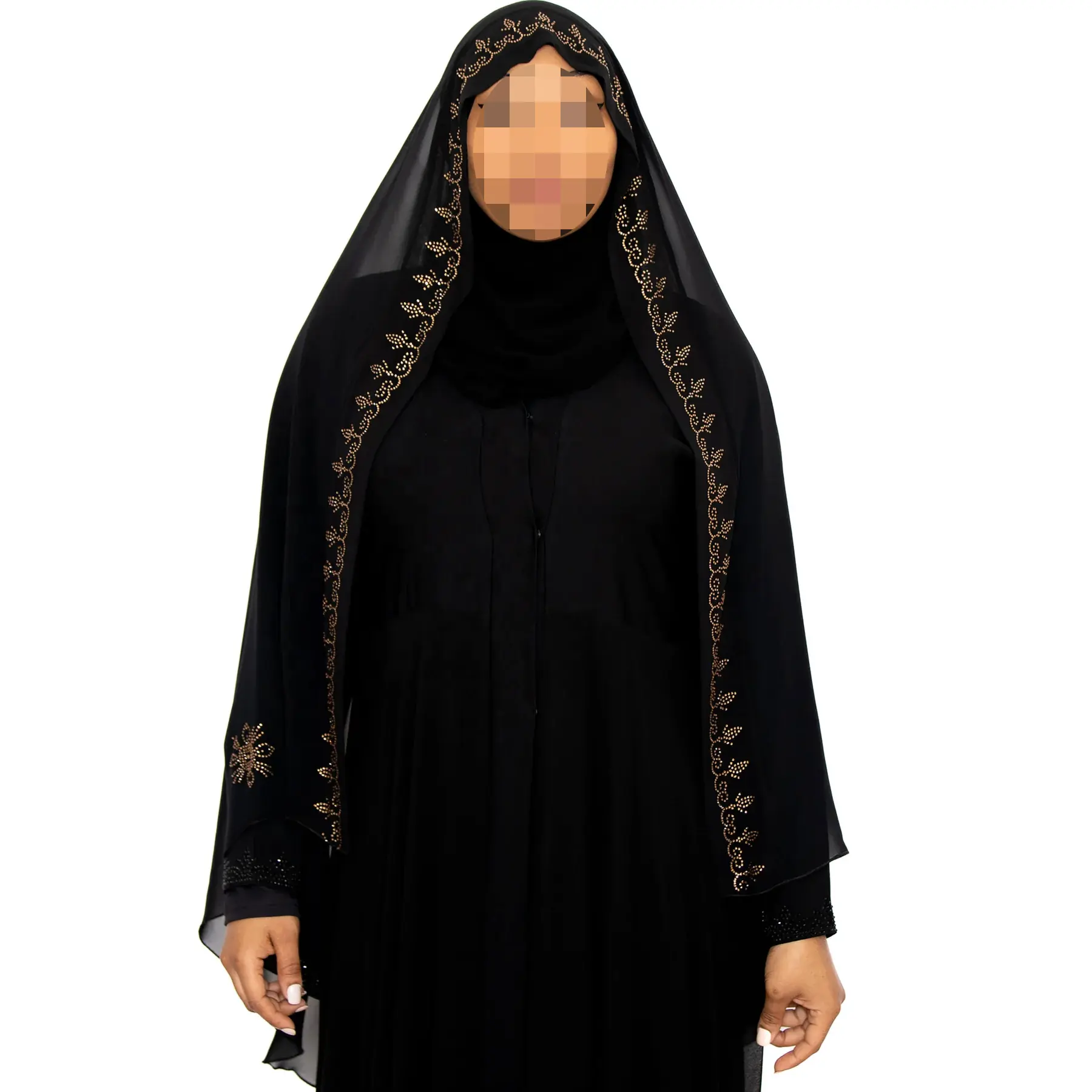 2023 Mode Saudi Moslim Vrouwen Ghashwa Zwarte Chiffon Hijab Met Kralen