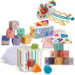 OEM定制6合1蒙特梭利玩具婴儿感官拉绳玩具婴儿纸巾盒形状分拣机箱玩具软堆叠块