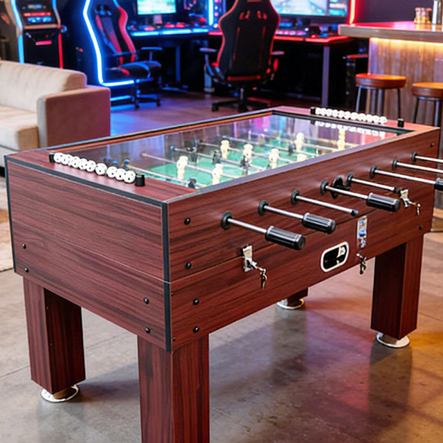 S.Q.F Player Foosball Table Standard Full Size Wooden Wood Grain Finish Ball Return Arcade Style Freestanding Home Bar Game Room