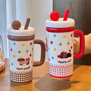 Apple Bear Ceramic Mug <b>With</b> <b>Lid</b> <b>And</b> <b>Straw</b> Yellow Polka Dot Design Large Capacity For Home Use Gift <b>Cup</b> Spring 2025 - Product Image 3
