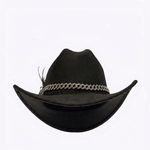 Sombrero de Vaquero Negro con Decoración de Cadena Bordada en 3D, Unisex, para Adultos, Estilo Casual, de 6 Paneles, de Fieltro, Ajustable, para las Cuatro Estaciones - Product Image 4