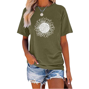 Camiseta de Algodón de Manga Corta para Mujer, Corte Ajustado, Estilo Retro, Estampado de Girasoles, Transpirable, Tejido de Punto, Estilo Casual para Verano - Product Image 1