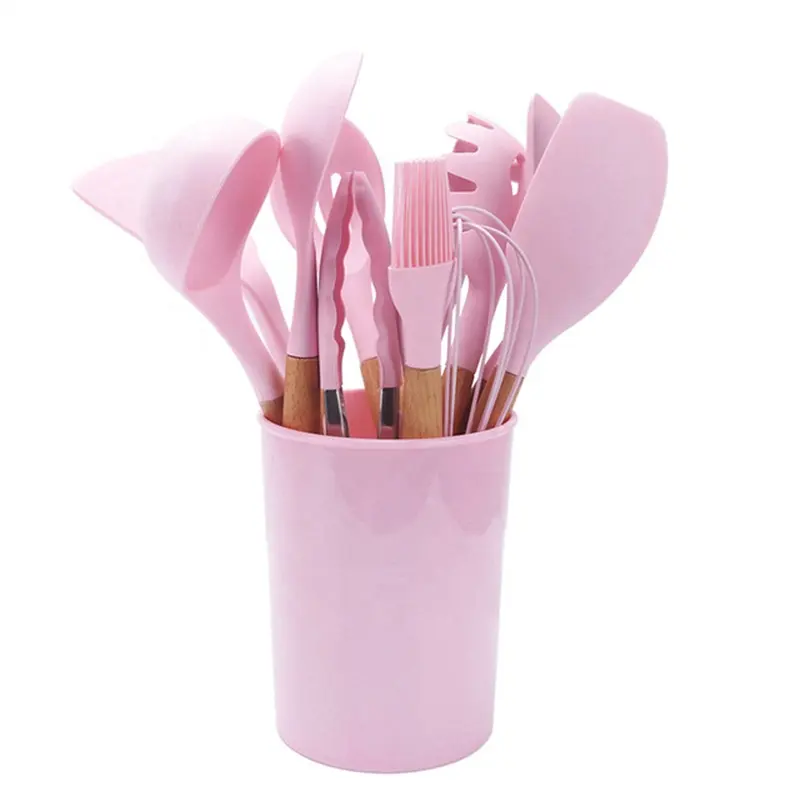Hot Selling OEM Products 100% Food-Grade Eco-Friendly Kitchen Silicone Cooking Utensils Set Korea Cookware with Wooden Handle