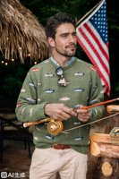 Pull en tricot pour homme avec poignets et ourlet côtelés, col rond, motif truite de rivière