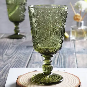 High quality Free sample solid color Vintage embossed pattern turquoise dark green wine glassware goblets