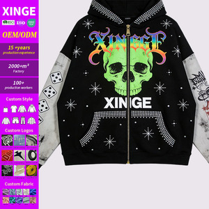 Sudadera con capucha y cremallera para hombre, con gráfico de calavera y pedrería, estilo oversize, streetwear gótico - Product Image 1