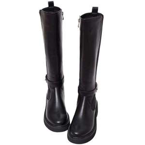 Ann'S Black Winter Knee-High <b>Boots</b> PU Leather Upper Genuine Leather Midsole Side Zipper Closure Soft Platform Comfortable Panel - Product Image 1