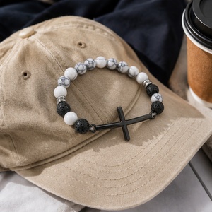 Braccialetto Go2boho con <span class=keywords><strong>Croce</strong></span> <span class=keywords><strong>Nera</strong></span>, Perline Rotonde Bianche Effetto Marmo, Gioiello Regalo Religioso Placcato Nero - Product Image 4