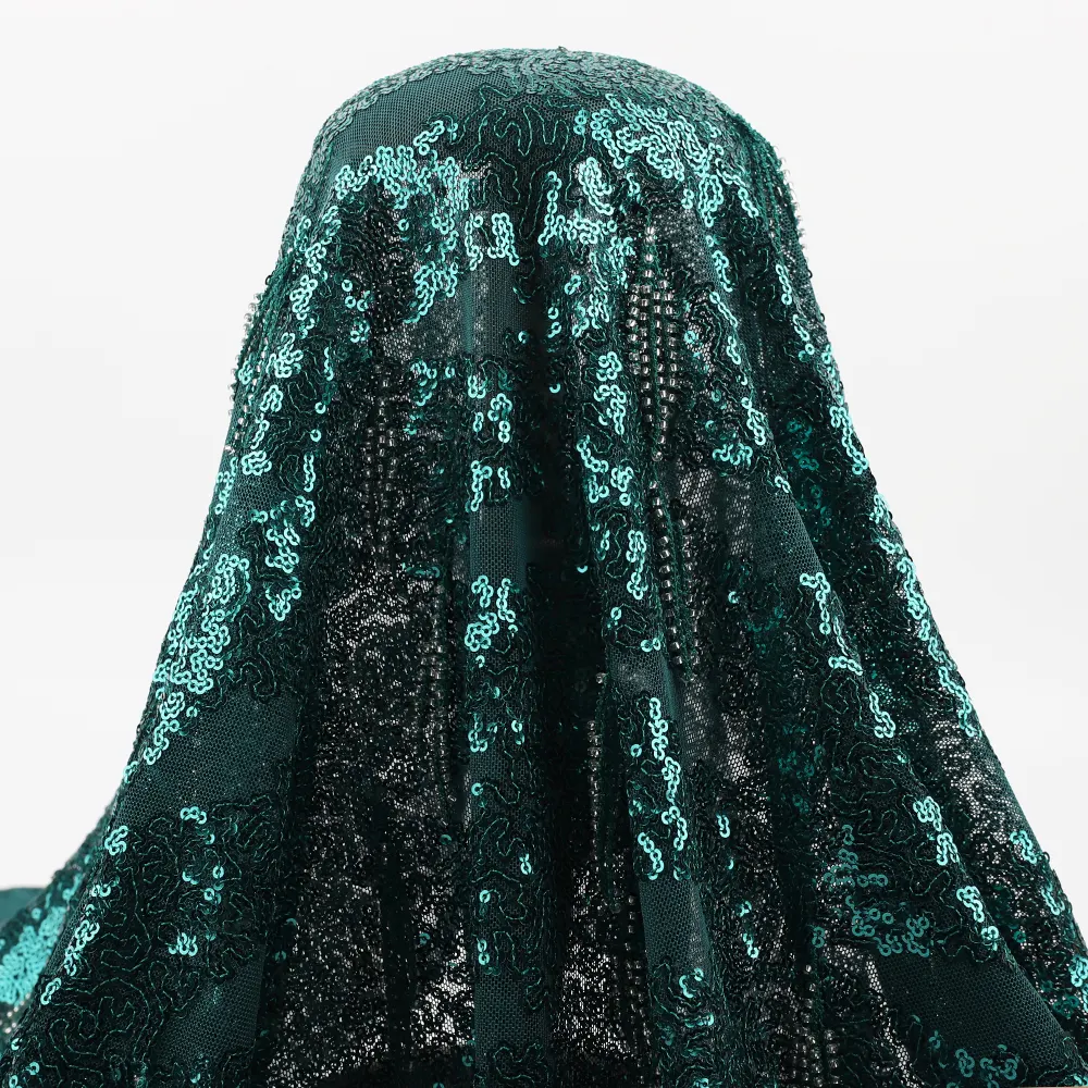Высококлассная модная 3d зеленая блестящая вышитая эластичная сетчатая бахрома кружевная ткань для вечернего платья