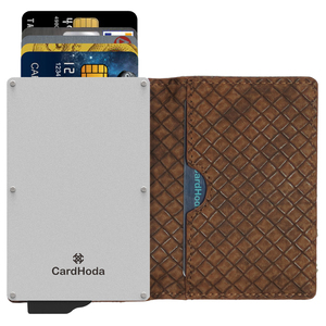 CardHoda Aluminum Card Holder Brown Leather <b>RFID</b> <b>Blocking</b> Fold Closure Men's Minimalist <b>Wallet</b> Short Geometric Pattern - Product Image 1