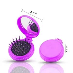 Mini pettine pieghevole con Logo personalizzato spazzola per capelli in tinta unita da viaggio circolare Pop-Up funzione Paddle Detangle materiale in Nylon specchio - Product Image 5