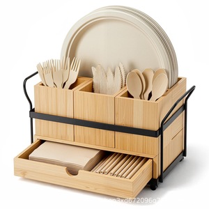 Iron and steel <b>kitchen</b> countertop cutlery rack, wooden <b>paper</b> towel rack with drawers, wooden cutlery storage rack - Product Image 1