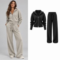 Ensemble de survêtement gris à capuche zippé pour femme, 2 pièces, manches longues, coupe ample, pantalon tricoté avec cordon de serrage et taille élastique, décontracté, toutes saisons