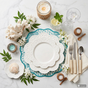 ชุดจานรองอาหารแต่งงานสีขาวลายดอกไม้หรูหรา จานเซรามิกตกแต่งลูกปัดแบบวินเทจ ชุดจานอาหารค่ำพอร์ซเลนลายนูน - Product Image 2