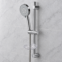 Ensemble de douche classique gris chromé poli avec pommeau de pluie, douchette à main, flexible de douche, rail réglable en hauteur, fixation murale sans perçage intégrée