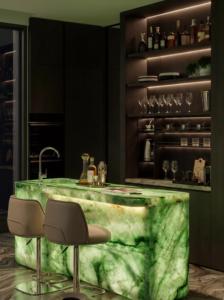 Plan de travail et meuble-lavabo en dalle de quartzite <span class=keywords><strong>Charlotte</strong></span> Green transparente rétroéclairée, en pierre précieuse verte de jade et cristal d'émeraude naturel poli moderne - Product Image 3